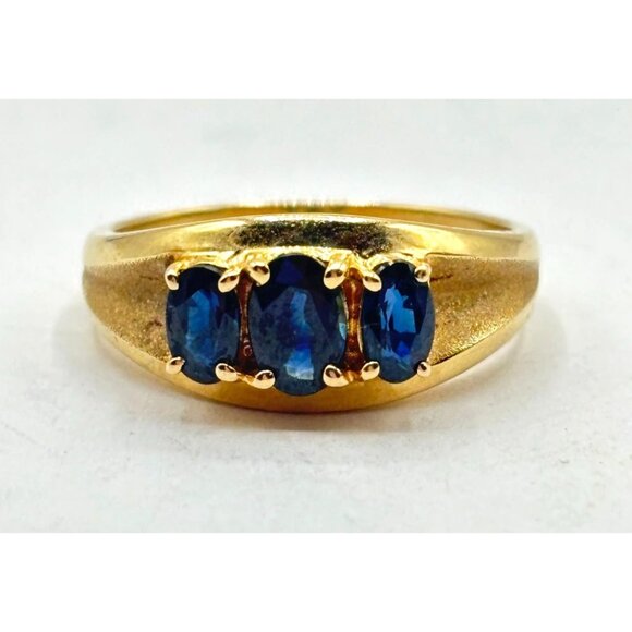 14K Gold Sapphire Ring Size 7.25 With Triple Stone Setting - Picture 1 of 7